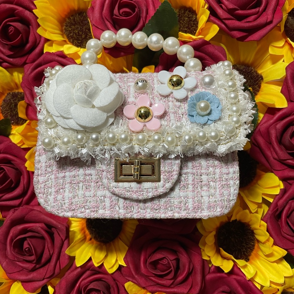 MINI PINK, PEARL & FLORAL TWEED PURSE